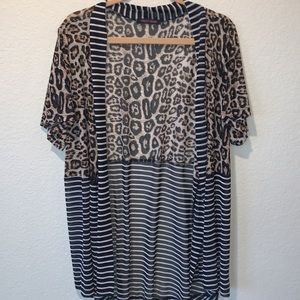 EUC Crazy Train short sleeve cardigan kimono leopard &stripes semi sheer sz O/S